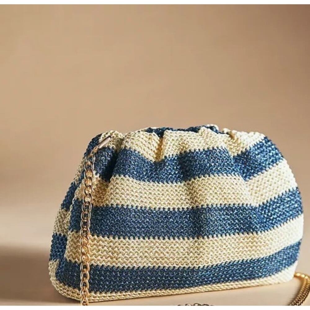 Anthropologie Blue and Cream Striped Knit Clutch with Gold Chain